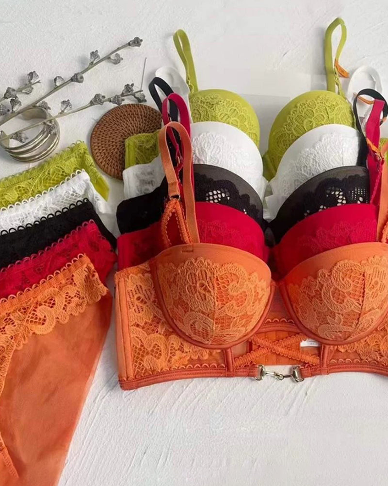 Women's Sexy Hollow Floral Lace Push-up Bra Set